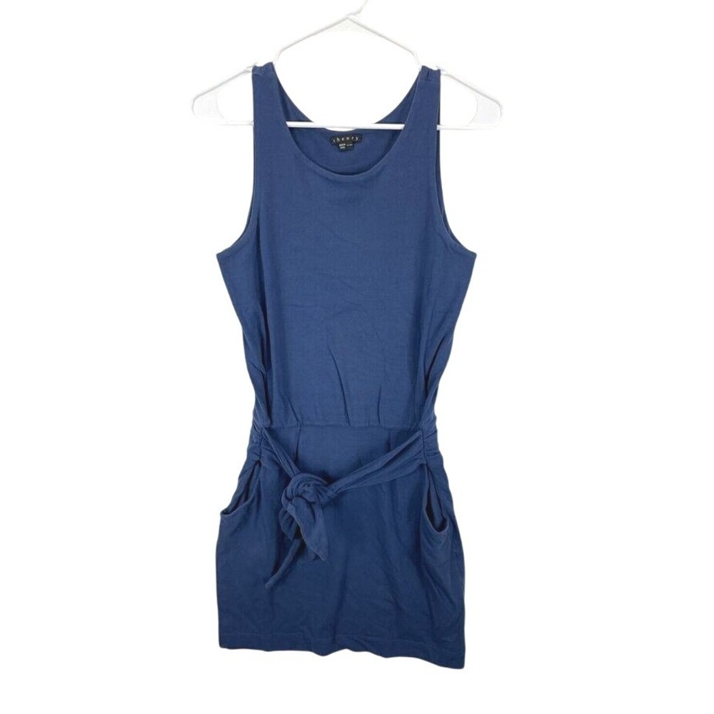 Theory Ribbed Knit Tank Dress Womens XS Blue Sleeveless Tie Waist Casual Stretch